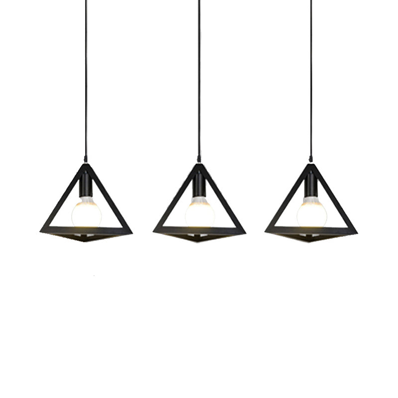 3 Heads Hanging Lamp Retro Industrial Triangle Metallic Pendant Lighting with Wire Guard and Linear/Round Canopy in Black/White Clearhalo 'Ceiling Lights' 'Modern Pendants' 'Modern' 'Pendant Lights' 'Pendants' Lighting' 94295