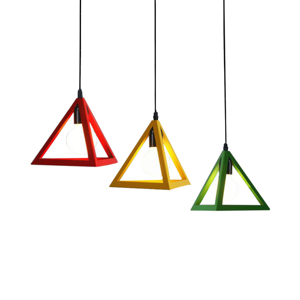 3 Heads Hanging Lamp Retro Industrial Triangle Metallic Pendant Lighting with Wire Guard and Linear/Round Canopy in Black/White Clearhalo 'Ceiling Lights' 'Modern Pendants' 'Modern' 'Pendant Lights' 'Pendants' Lighting' 94299