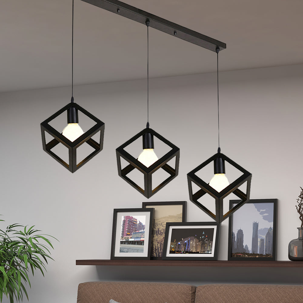 3 Bulbs Metal Pendant Light Industrial Black/White Squared Living Room Ceiling Lamp with Wire Cage Shade Black Linear Clearhalo 'Ceiling Lights' 'Modern Pendants' 'Modern' 'Pendant Lights' 'Pendants' Lighting' 94300