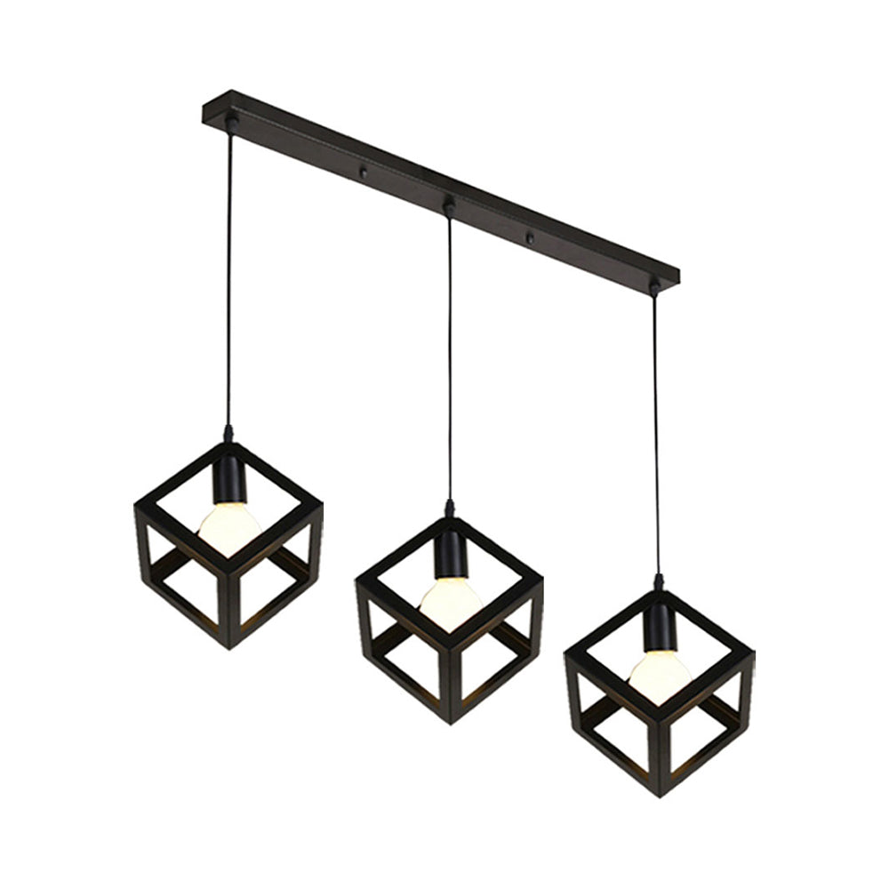 3 Bulbs Metal Pendant Light Industrial Black/White Squared Living Room Ceiling Lamp with Wire Cage Shade Clearhalo 'Ceiling Lights' 'Modern Pendants' 'Modern' 'Pendant Lights' 'Pendants' Lighting' 94302