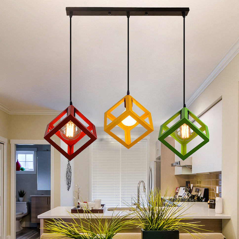 3 Bulbs Metal Pendant Light Industrial Black/White Squared Living Room Ceiling Lamp with Wire Cage Shade Red-Yellow-Green Linear Clearhalo 'Ceiling Lights' 'Modern Pendants' 'Modern' 'Pendant Lights' 'Pendants' Lighting' 94304