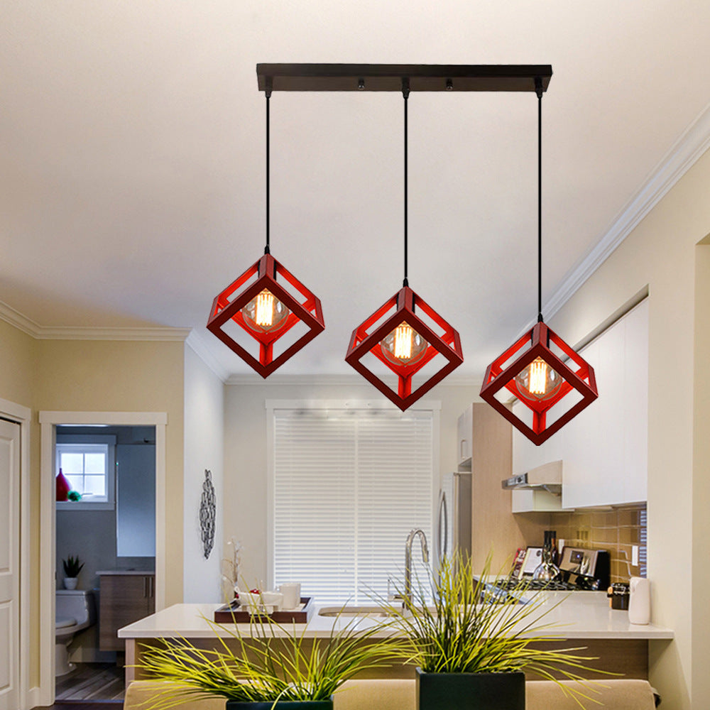 3 Bulbs Metal Pendant Light Industrial Black/White Squared Living Room Ceiling Lamp with Wire Cage Shade Red Linear Clearhalo 'Ceiling Lights' 'Modern Pendants' 'Modern' 'Pendant Lights' 'Pendants' Lighting' 94306