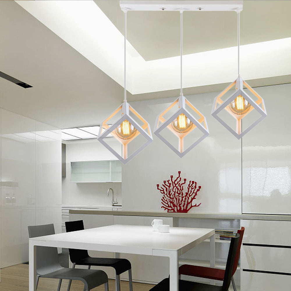 3 Bulbs Metal Pendant Light Industrial Black/White Squared Living Room Ceiling Lamp with Wire Cage Shade White Linear Clearhalo 'Ceiling Lights' 'Modern Pendants' 'Modern' 'Pendant Lights' 'Pendants' Lighting' 94308