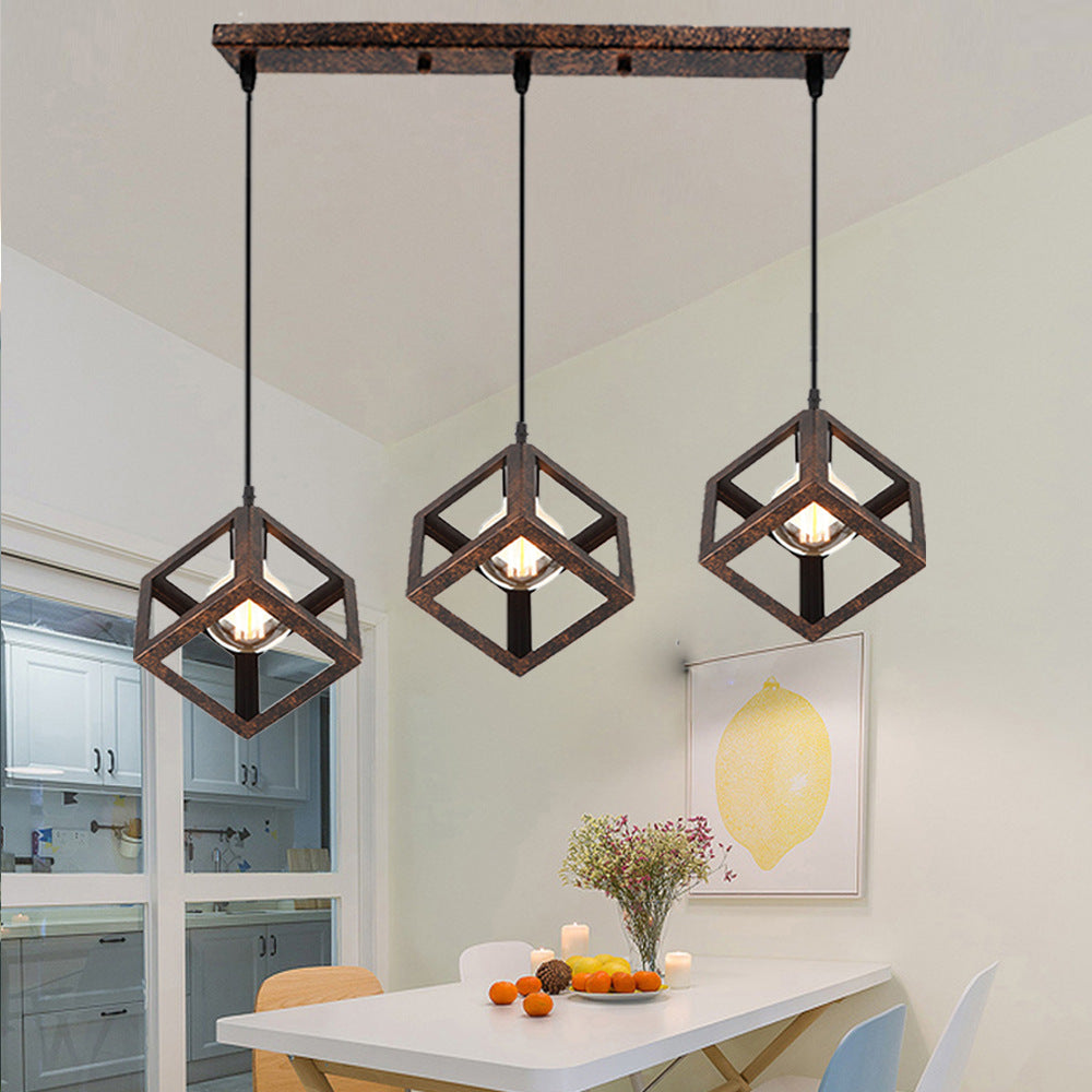 3 Bulbs Metal Pendant Light Industrial Black/White Squared Living Room Ceiling Lamp with Wire Cage Shade Rust Linear Clearhalo 'Ceiling Lights' 'Modern Pendants' 'Modern' 'Pendant Lights' 'Pendants' Lighting' 94310