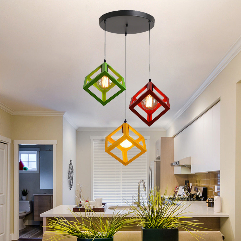 3 Bulbs Metal Pendant Light Industrial Black/White Squared Living Room Ceiling Lamp with Wire Cage Shade Red-Yellow-Green Round Clearhalo 'Ceiling Lights' 'Modern Pendants' 'Modern' 'Pendant Lights' 'Pendants' Lighting' 94313