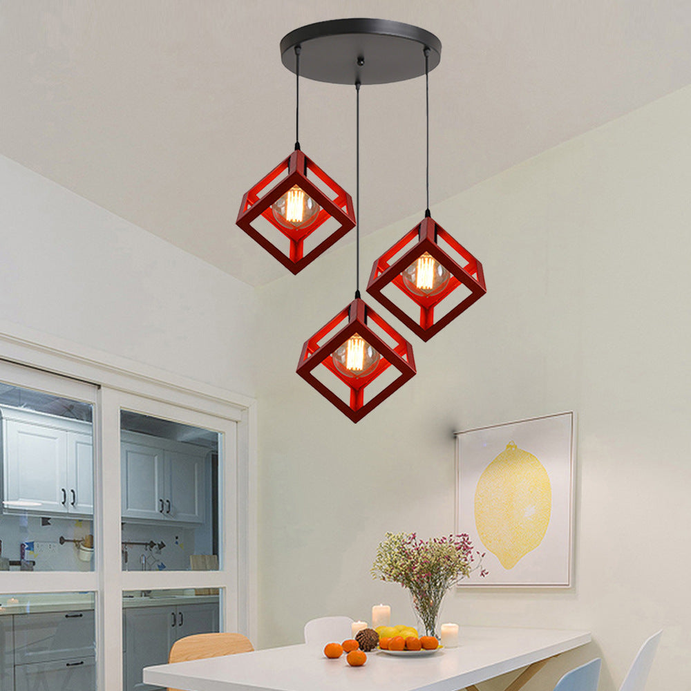 3 Bulbs Metal Pendant Light Industrial Black/White Squared Living Room Ceiling Lamp with Wire Cage Shade Red Round Clearhalo 'Ceiling Lights' 'Modern Pendants' 'Modern' 'Pendant Lights' 'Pendants' Lighting' 94314