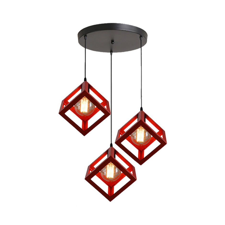 3 Bulbs Metal Pendant Light Industrial Black/White Squared Living Room Ceiling Lamp with Wire Cage Shade Clearhalo 'Ceiling Lights' 'Modern Pendants' 'Modern' 'Pendant Lights' 'Pendants' Lighting' 94315