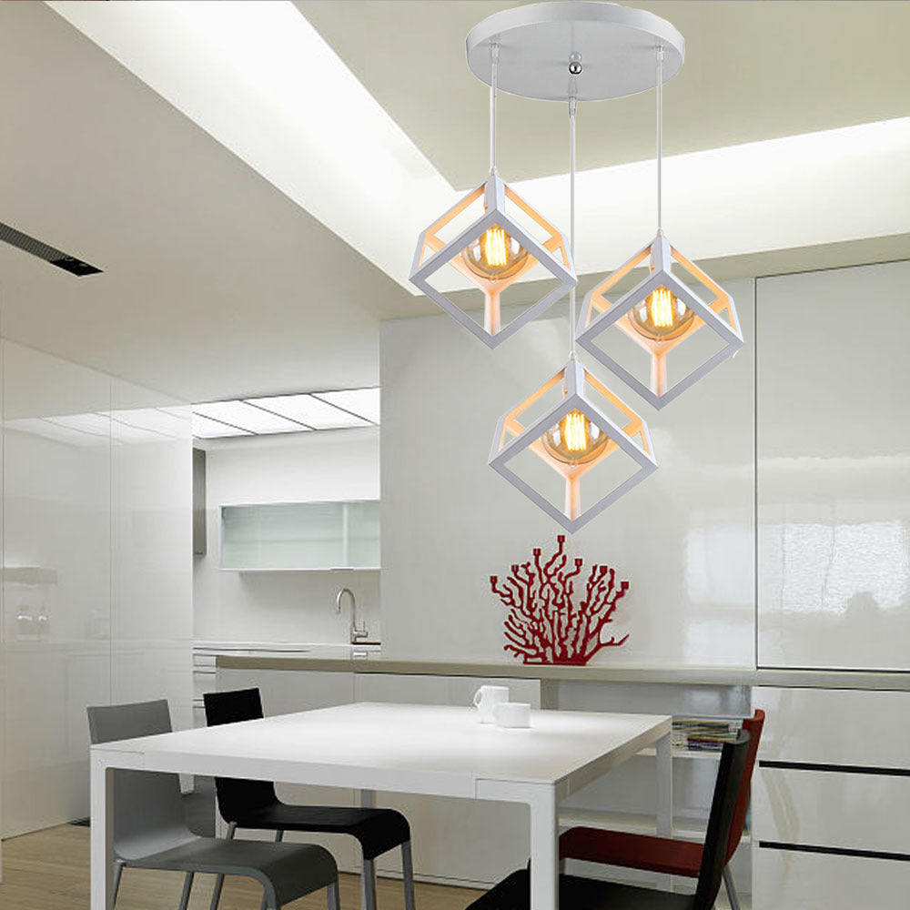 3 Bulbs Metal Pendant Light Industrial Black/White Squared Living Room Ceiling Lamp with Wire Cage Shade White Round Clearhalo 'Ceiling Lights' 'Modern Pendants' 'Modern' 'Pendant Lights' 'Pendants' Lighting' 94316