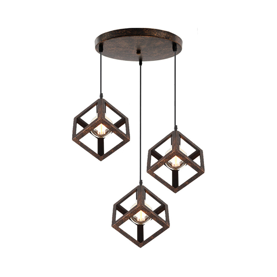 3 Bulbs Metal Pendant Light Industrial Black/White Squared Living Room Ceiling Lamp with Wire Cage Shade Rust Round Clearhalo 'Ceiling Lights' 'Modern Pendants' 'Modern' 'Pendant Lights' 'Pendants' Lighting' 94318