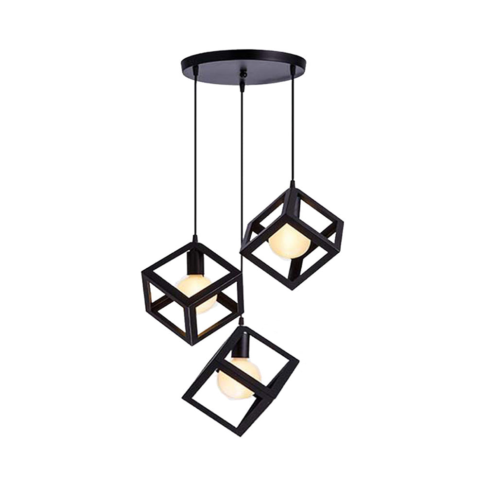 3 Bulbs Metal Pendant Light Industrial Black/White Squared Living Room Ceiling Lamp with Wire Cage Shade Black Round Clearhalo 'Ceiling Lights' 'Modern Pendants' 'Modern' 'Pendant Lights' 'Pendants' Lighting' 94319