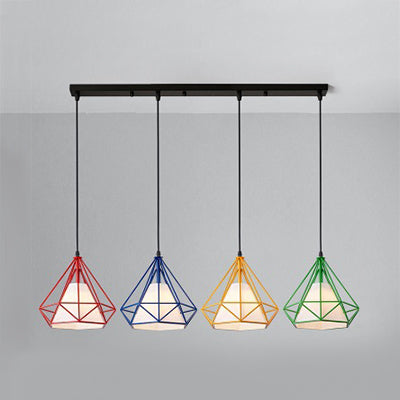 5 Lights Wire Cage Hanging Lamp with Diamond Shade Industrial Brown/Multi Colored Metal and Fabric Pendant Light Red-Yellow-Blue-Green Clearhalo 'Ceiling Lights' 'Modern Pendants' 'Modern' 'Pendant Lights' 'Pendants' Lighting' 94378