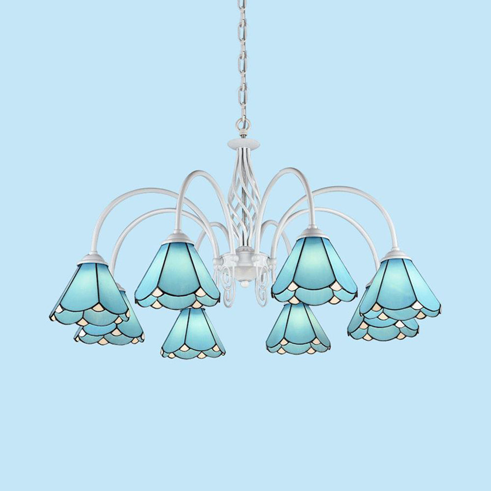 Tiffany Blue Hanging Light with Conical Shade Adjustable Chain Glass Ceiling Chandelier for Hallway Clearhalo 'Ceiling Lights' 'Chandeliers' 'Industrial' 'Middle Century Chandeliers' 'Tiffany Chandeliers' 'Tiffany close to ceiling' 'Tiffany' Lighting' 94532