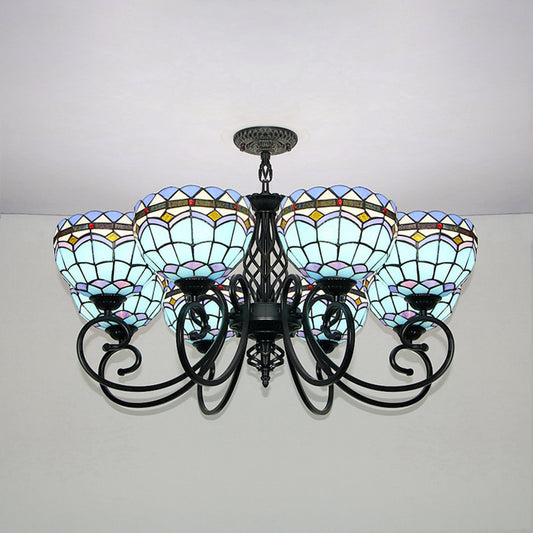 Baroque Indoor Pendant Light with Bowl Shade Stained Glass Ceiling Chandelier in Blue for Hotel Blue Clearhalo 'Ceiling Lights' 'Chandeliers' 'Industrial' 'Middle Century Chandeliers' 'Tiffany Chandeliers' 'Tiffany close to ceiling' 'Tiffany' Lighting' 94540