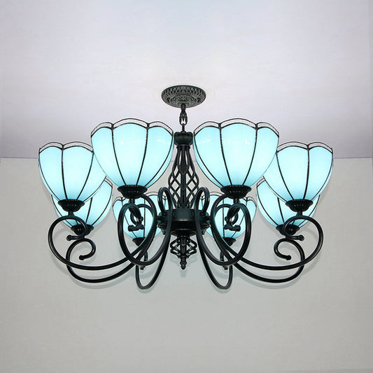 Blue Scalloped Hanging Light with Curved Arm Loft Style 8 Lights Stained Glass Chandelier in Blue Blue Clearhalo 'Ceiling Lights' 'Chandeliers' 'Industrial' 'Middle Century Chandeliers' 'Tiffany Chandeliers' 'Tiffany close to ceiling' 'Tiffany' Lighting' 94551