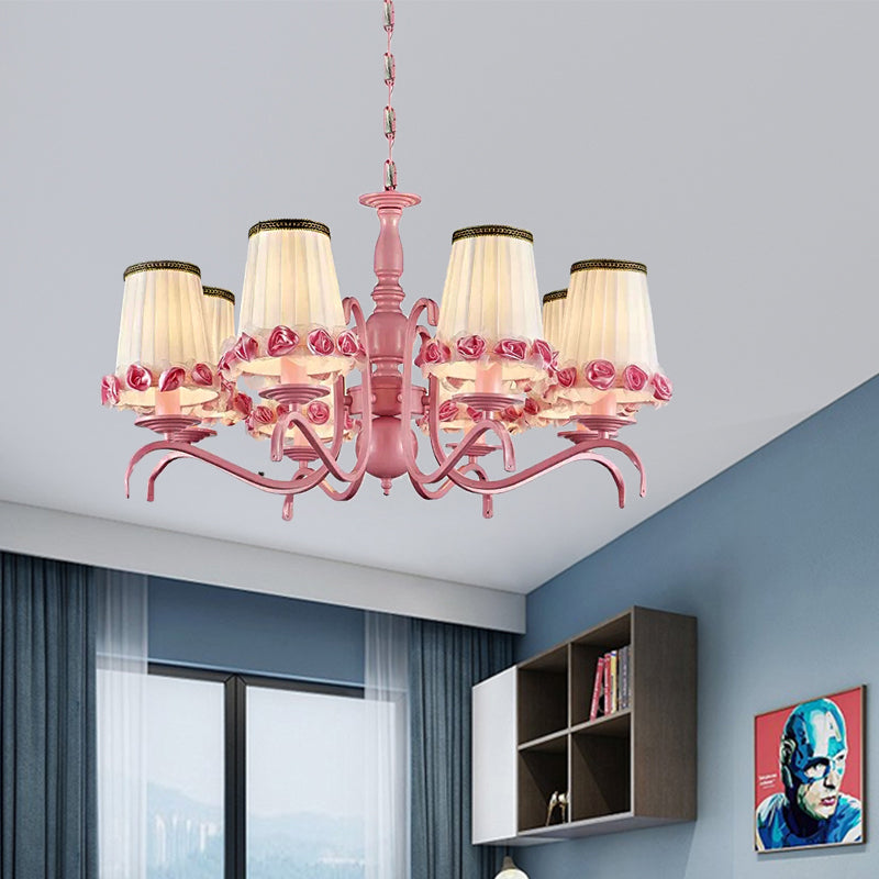 Hotel Fold Tapered Shade Chandelier with Flower Metal 8 Bulbs Modern Pink Hanging Light Pink Clearhalo 'Ceiling Lights' 'Chandeliers' Lighting' options 94615_b3004303-18a5-4f9a-aee0-807041aa733e