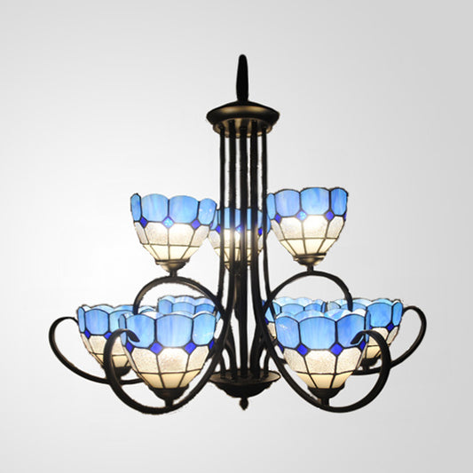 Multi Light Bowl Chandelier Light Blue Glass Ceiling Pendant Light in Black Finish for Living Room Clearhalo 'Ceiling Lights' 'Chandeliers' 'Industrial' 'Middle Century Chandeliers' 'Tiffany Chandeliers' 'Tiffany close to ceiling' 'Tiffany' Lighting' 94737