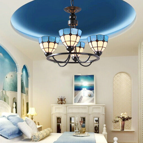 Blue Glass Bowl Ceiling Hanging Light 4 Lights Mediterranean Chandelier Lamp for Bedroom Blue Clearhalo 'Ceiling Lights' 'Chandeliers' 'Industrial' 'Middle Century Chandeliers' 'Tiffany Chandeliers' 'Tiffany close to ceiling' 'Tiffany' Lighting' 95005