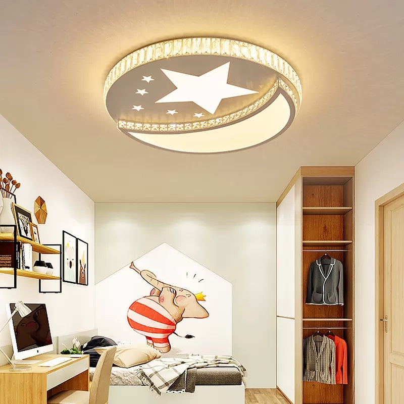 Star and Moon Ceiling Mount Light with Crystal Decoration Acrylic LED Ceiling Lamp in White for Study Room Clearhalo 'Ceiling Lights' 'Close To Ceiling Lights' 'Close to ceiling' 'Flush mount' Lighting' 95064