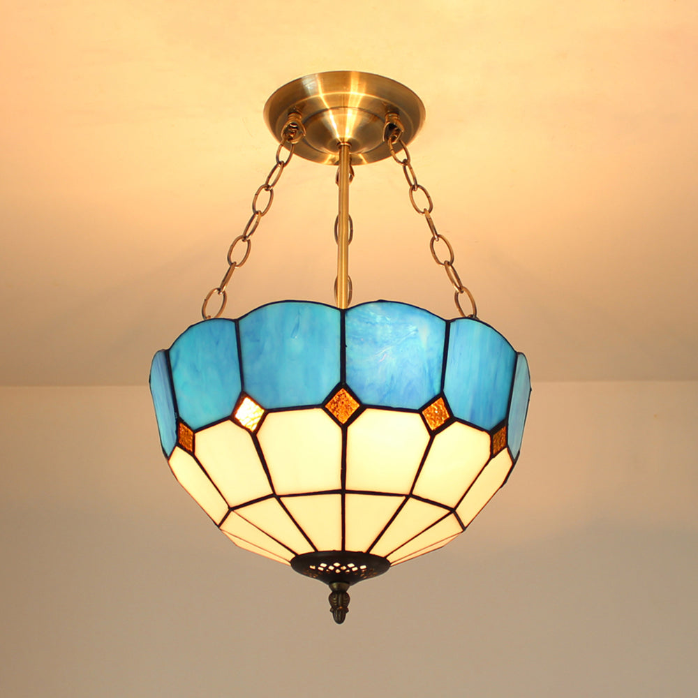 Mediterranean Bowl Ceiling Light Blue Glass Indoor Chandelier Light with 12 Inch Width for Foyer Clearhalo 'Ceiling Lights' 'Close To Ceiling Lights' 'Close to ceiling' 'Glass shade' 'Glass' 'Semi-flushmount' 'Tiffany close to ceiling' 'Tiffany' Lighting' 95204