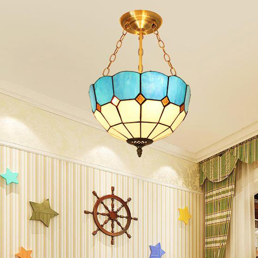 Mediterranean Bowl Ceiling Light Blue Glass Indoor Chandelier Light with 12 Inch Width for Foyer Blue Clearhalo 'Ceiling Lights' 'Close To Ceiling Lights' 'Close to ceiling' 'Glass shade' 'Glass' 'Semi-flushmount' 'Tiffany close to ceiling' 'Tiffany' Lighting' 95206