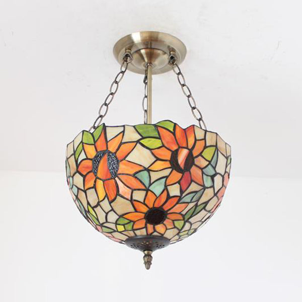 Rustic Sunflower Hanging Lamp Stained Glass Chandelier Lighting in Orange for Corridor Clearhalo 'Ceiling Lights' 'Close To Ceiling Lights' 'Close to ceiling' 'Glass shade' 'Glass' 'Semi-flushmount' 'Tiffany close to ceiling' 'Tiffany' Lighting' 95213