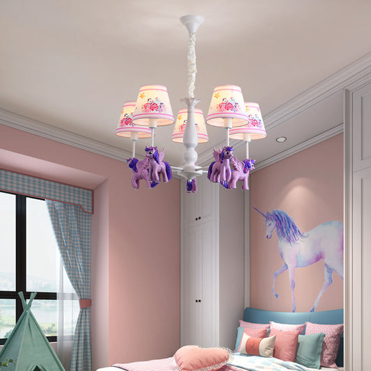 Cartoon Conical Hanging Ceiling Light Metal 5 Bulbs Chandelier Lamp with Unicorn Deco in Purple for Kid Bedroom Clearhalo 'Ceiling Lights' 'Chandeliers' Lighting' options 95366