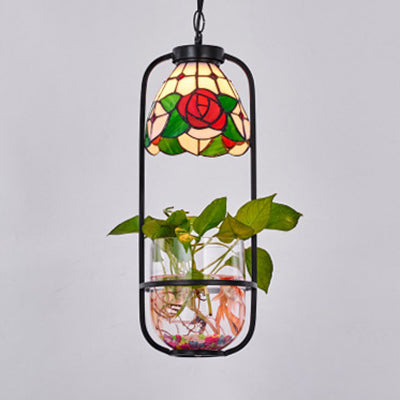 Rose Design Hanging Lamp 1 Light Stainless Glass Tiffany Style Red Ceiling Pendant Light with Plant Clearhalo 'Ceiling Lights' 'Industrial' 'Middle Century Pendants' 'Pendant Lights' 'Pendants' 'Tiffany close to ceiling' 'Tiffany Pendants' 'Tiffany' Lighting' 95413