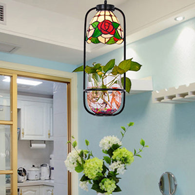 Rose Design Hanging Lamp 1 Light Stainless Glass Tiffany Style Red Ceiling Pendant Light with Plant Red Clearhalo 'Ceiling Lights' 'Industrial' 'Middle Century Pendants' 'Pendant Lights' 'Pendants' 'Tiffany close to ceiling' 'Tiffany Pendants' 'Tiffany' Lighting' 95414