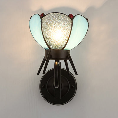 Petal Sconce Light Blue Glass 1 Light Tiffany Wall Mount Light in Black Finish for Bedroom Bedside Clearhalo 'Industrial' 'Middle century wall lights' 'Tiffany wall lights' 'Tiffany' 'Wall Lamps & Sconces' 'Wall Lights' Lighting' 95419