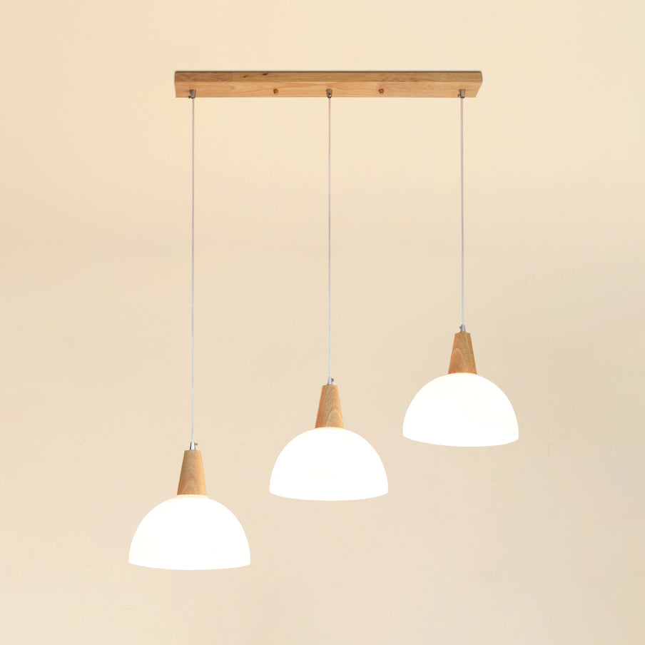 Milk Glass Dome Hanging Lamp Contemporary 3 Lights Indoor Pendant Lighting with Wooden Cap in White White Clearhalo 'Ceiling Lights' 'Close To Ceiling Lights' 'Glass shade' 'Glass' 'Modern Pendants' 'Modern' 'Pendant Lights' 'Pendants' Lighting' 95582