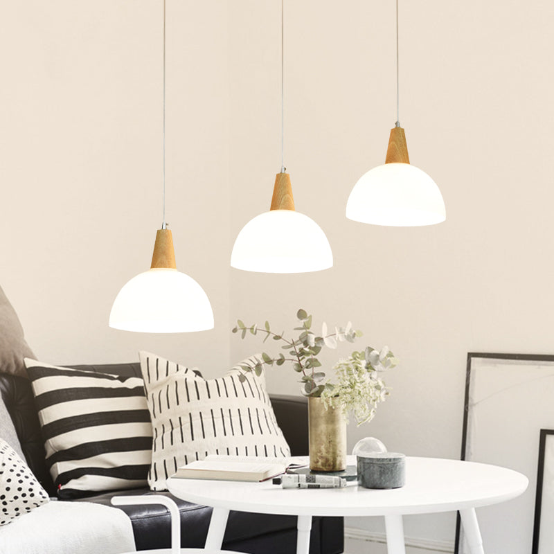 Milk Glass Dome Hanging Lamp Contemporary 3 Lights Indoor Pendant Lighting with Wooden Cap in White Clearhalo 'Ceiling Lights' 'Close To Ceiling Lights' 'Glass shade' 'Glass' 'Modern Pendants' 'Modern' 'Pendant Lights' 'Pendants' Lighting' 95583