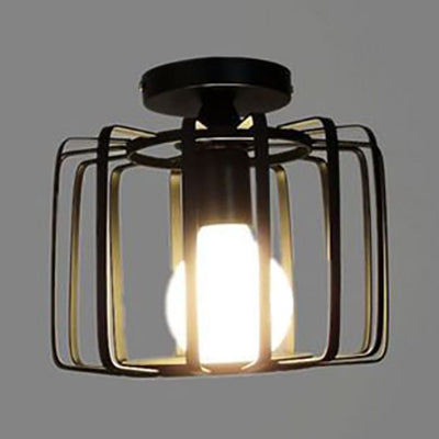 1 Head Drum Semi Flush Light with Cage Shade Farmhouse Black Metallic Ceiling Light Fixture for Bedroom Black Clearhalo 'Ceiling Lights' 'Close To Ceiling Lights' 'Close to ceiling' 'Semi-flushmount' Lighting' 95608