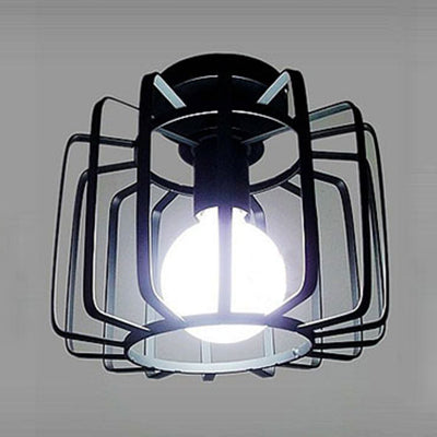 1 Head Drum Semi Flush Light with Cage Shade Farmhouse Black Metallic Ceiling Light Fixture for Bedroom Clearhalo 'Ceiling Lights' 'Close To Ceiling Lights' 'Close to ceiling' 'Semi-flushmount' Lighting' 95609
