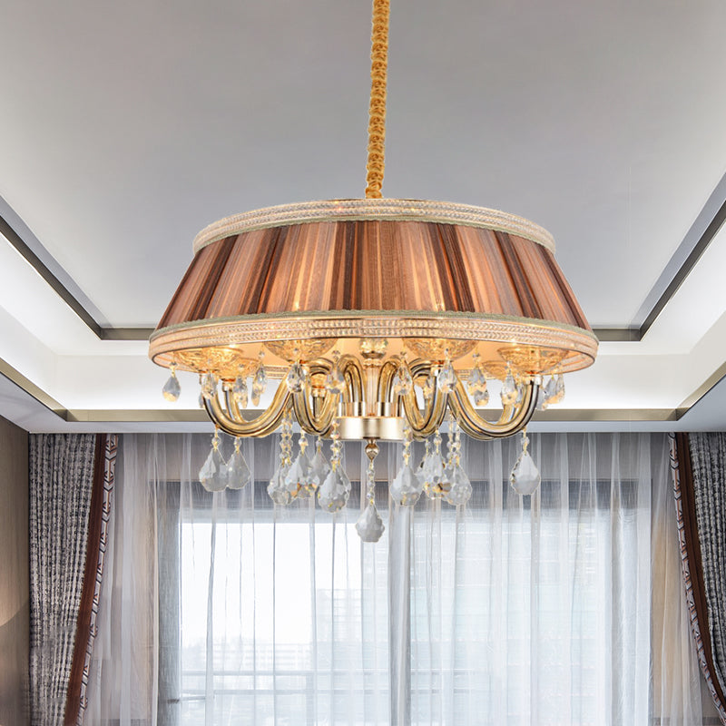 Khaki Drum Ceiling Chandelier Modernism 8 Heads Pleated Fabric Hanging Lighting with Crystal Droplet Khaki Clearhalo 'Ceiling Lights' 'Chandeliers' 'Modern Chandeliers' 'Modern' Lighting' 959662