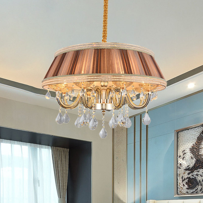 Khaki Drum Ceiling Chandelier Modernism 8 Heads Pleated Fabric Hanging Lighting with Crystal Droplet Clearhalo 'Ceiling Lights' 'Chandeliers' 'Modern Chandeliers' 'Modern' Lighting' 959663