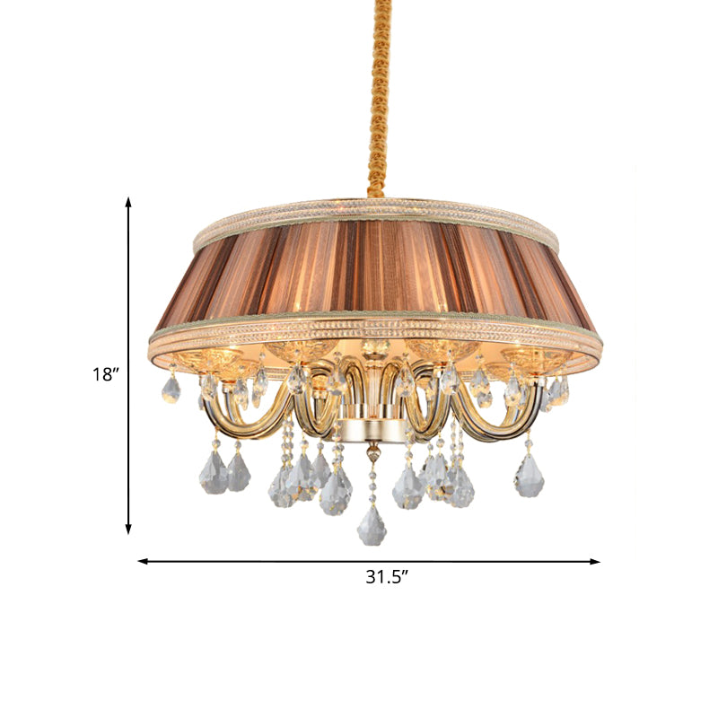 Khaki Drum Ceiling Chandelier Modernism 8 Heads Pleated Fabric Hanging Lighting with Crystal Droplet Clearhalo 'Ceiling Lights' 'Chandeliers' 'Modern Chandeliers' 'Modern' Lighting' 959665