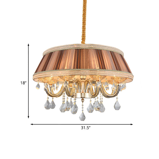 Khaki Drum Ceiling Chandelier Modernism 8 Heads Pleated Fabric Hanging Lighting with Crystal Droplet Clearhalo 'Ceiling Lights' 'Chandeliers' 'Modern Chandeliers' 'Modern' Lighting' 959665