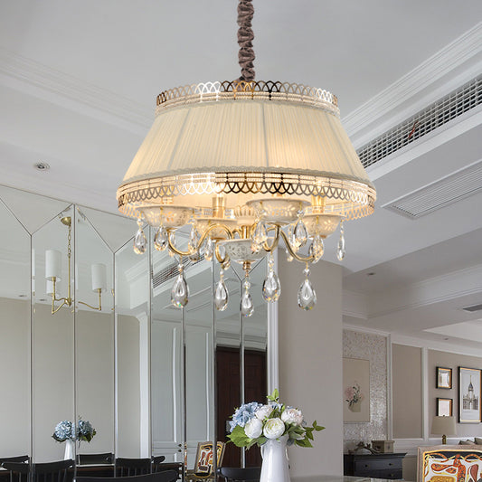 Modern 4 Bulbs Pendant Chandelier with Fabric Shade Beige Tapered Drum Crystal Down Lighting Clearhalo 'Ceiling Lights' 'Chandeliers' 'Modern Chandeliers' 'Modern' Lighting' 959667