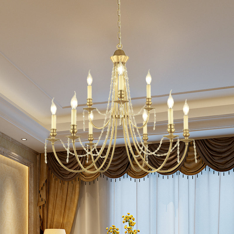 Candlestick Hanging Light Kit Countryside Crystal Swag 9 Lights Gold Finish Chandelier Lamp Fixture with Curved Arm Gold Clearhalo 'Ceiling Lights' 'Chandeliers' Lighting' options 959670_fb896808-0489-4daa-a212-dc0efd9a2b78