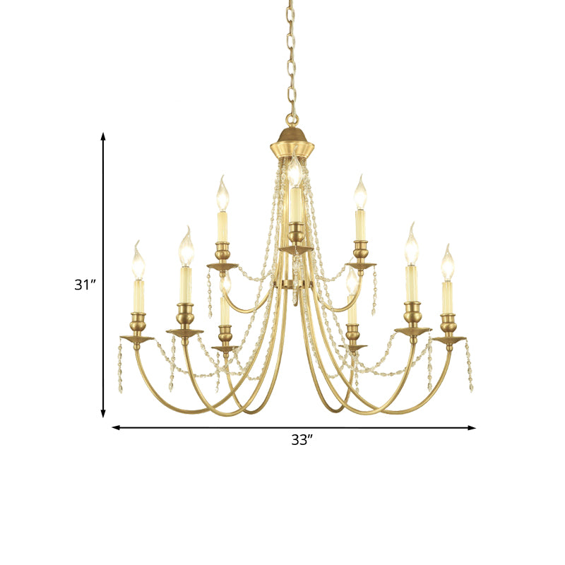 Candlestick Hanging Light Kit Countryside Crystal Swag 9 Lights Gold Finish Chandelier Lamp Fixture with Curved Arm Clearhalo 'Ceiling Lights' 'Chandeliers' Lighting' options 959673