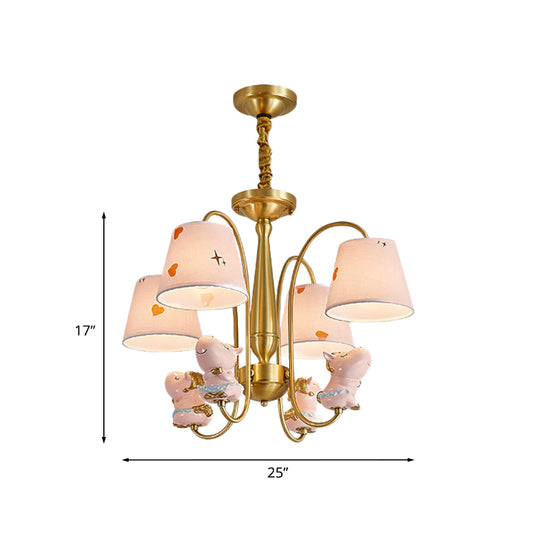 Barrel Fabric Shade Ceiling Chandelier Cartoon 4 Heads Pink Horse Hanging Light with Curved Brass Arm Clearhalo 'Ceiling Lights' 'Chandeliers' Lighting' options 959697