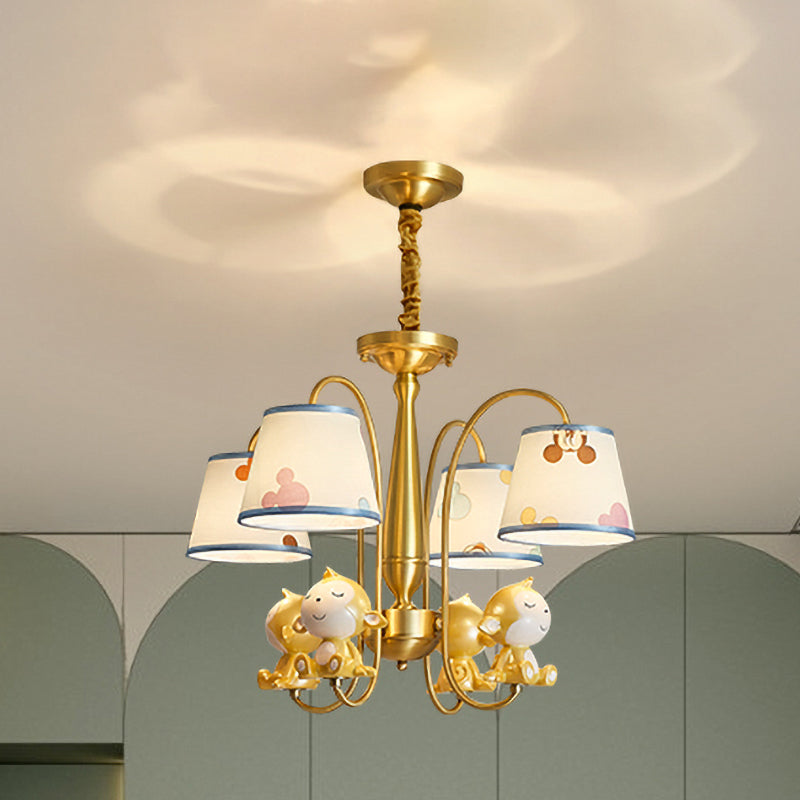 Monkey Bedroom Pendant Chandelier Metal 4 Bulbs Cartoon Suspension Light with Blue Fabric Shade in Brass Clearhalo 'Ceiling Lights' 'Chandeliers' Lighting' options 959698