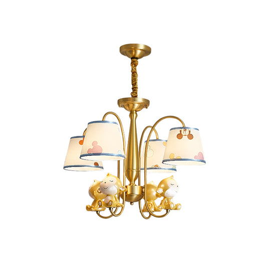 Monkey Bedroom Pendant Chandelier Metal 4 Bulbs Cartoon Suspension Light with Blue Fabric Shade in Brass Clearhalo 'Ceiling Lights' 'Chandeliers' Lighting' options 959699