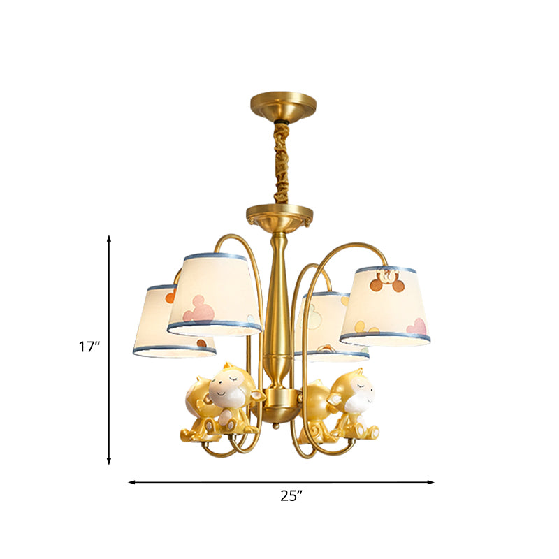 Monkey Bedroom Pendant Chandelier Metal 4 Bulbs Cartoon Suspension Light with Blue Fabric Shade in Brass Clearhalo 'Ceiling Lights' 'Chandeliers' Lighting' options 959701