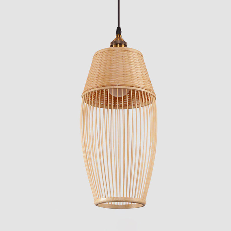 Bamboo Rattan Oval Suspension Light Asian Style 1 Light Hanging Ceiling Lamp in Beige Clearhalo 'Ceiling Lights' 'Pendant Lights' 'Pendants' Lighting' 960015