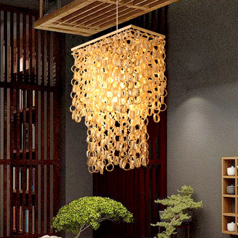 Square/Round Hanging Light with Waterfall Design Asia Bamboo Rattan 2-Bulb Beige Chandelier Pendant Lamp Clearhalo 'Ceiling Lights' 'Chandeliers' Lighting' options 960021