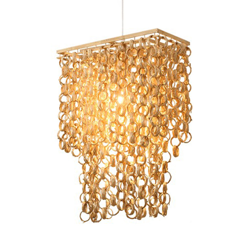 Square/Round Hanging Light with Waterfall Design Asia Bamboo Rattan 2-Bulb Beige Chandelier Pendant Lamp Clearhalo 'Ceiling Lights' 'Chandeliers' Lighting' options 960022