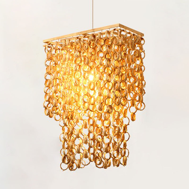 Square/Round Hanging Light with Waterfall Design Asia Bamboo Rattan 2-Bulb Beige Chandelier Pendant Lamp Clearhalo 'Ceiling Lights' 'Chandeliers' Lighting' options 960023