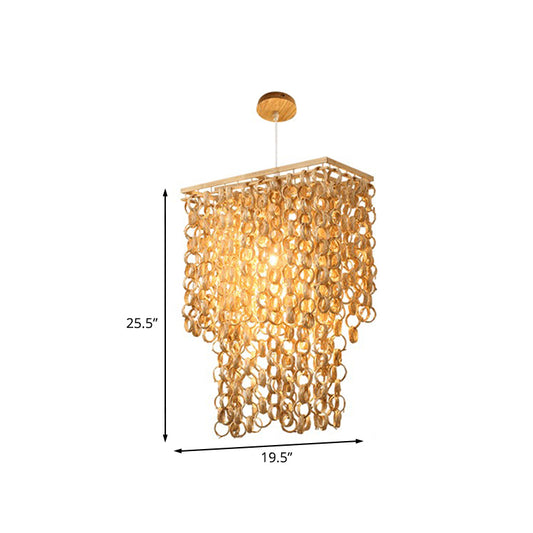 Square/Round Hanging Light with Waterfall Design Asia Bamboo Rattan 2-Bulb Beige Chandelier Pendant Lamp Clearhalo 'Ceiling Lights' 'Chandeliers' Lighting' options 960024