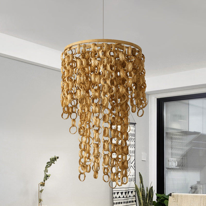 Square/Round Hanging Light with Waterfall Design Asia Bamboo Rattan 2-Bulb Beige Chandelier Pendant Lamp Clearhalo 'Ceiling Lights' 'Chandeliers' Lighting' options 960025